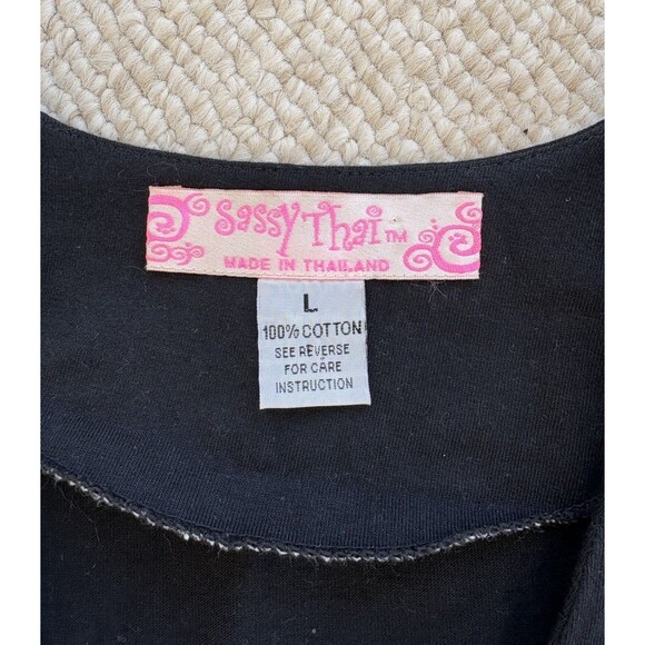 Sassy Thai Womens Black Cotton Knit Top with Hand Beading Floral Lace V Neck Lrg - Picture 2 of 6